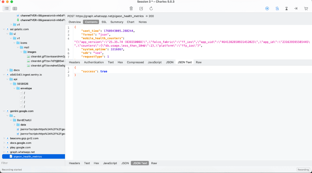 Charles Proxy showing JSON response