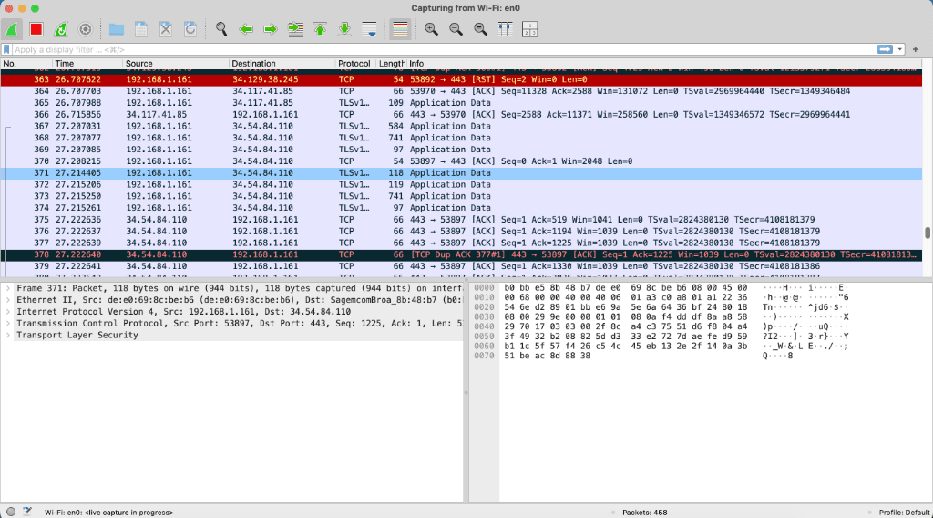Wireshark showing encrypted TLS traffic