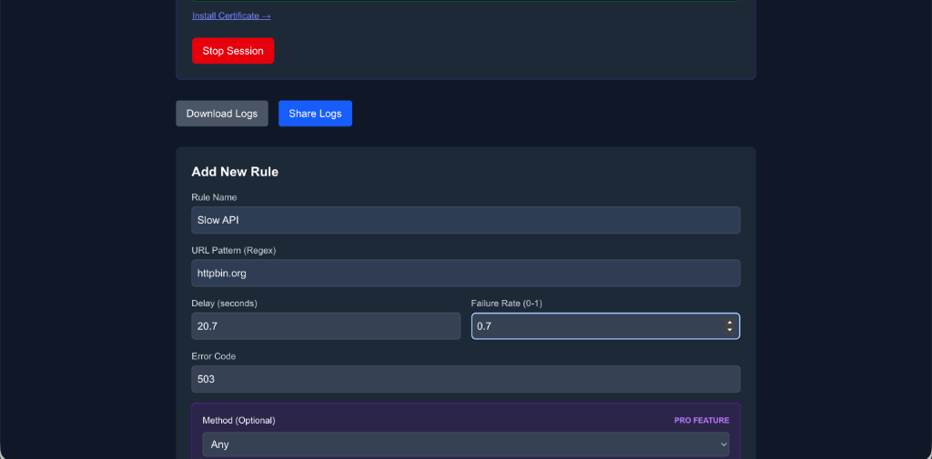 Debuggo chaos mode return 503 error rule